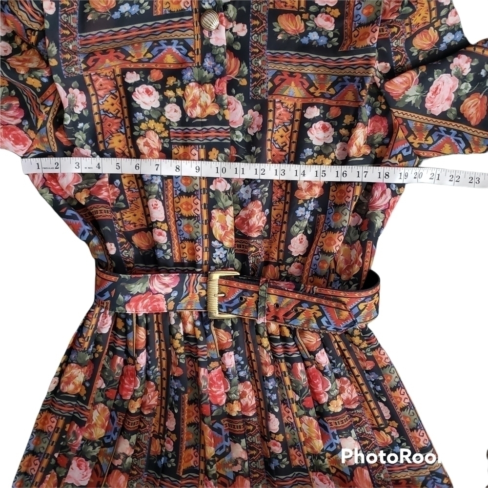 Vintage Lady Caroe Colorful Aztec Floral Print Dress With Belt - Picture 3 of 7